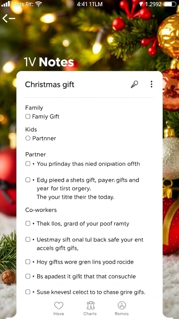 A digital screenshot of a Christmas gift list on a notes app with festive decorations.